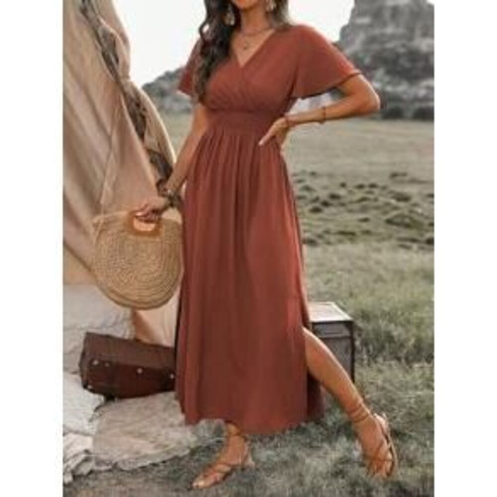 Breezaya Summer Holiday Solid Color Side Slit Drawstring Waist Long Dress Maxi …